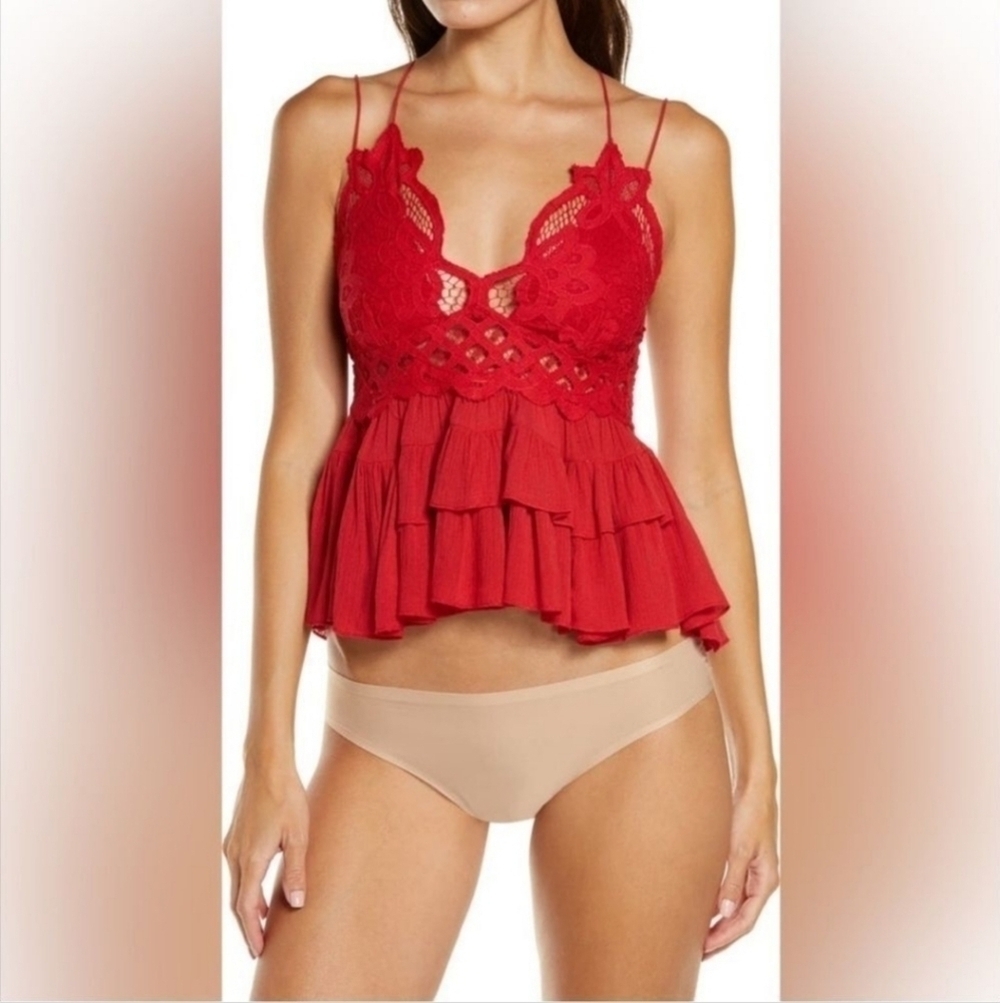 Free People Red Adella Cami Crochet Top S Sleeveless Tiered NEW